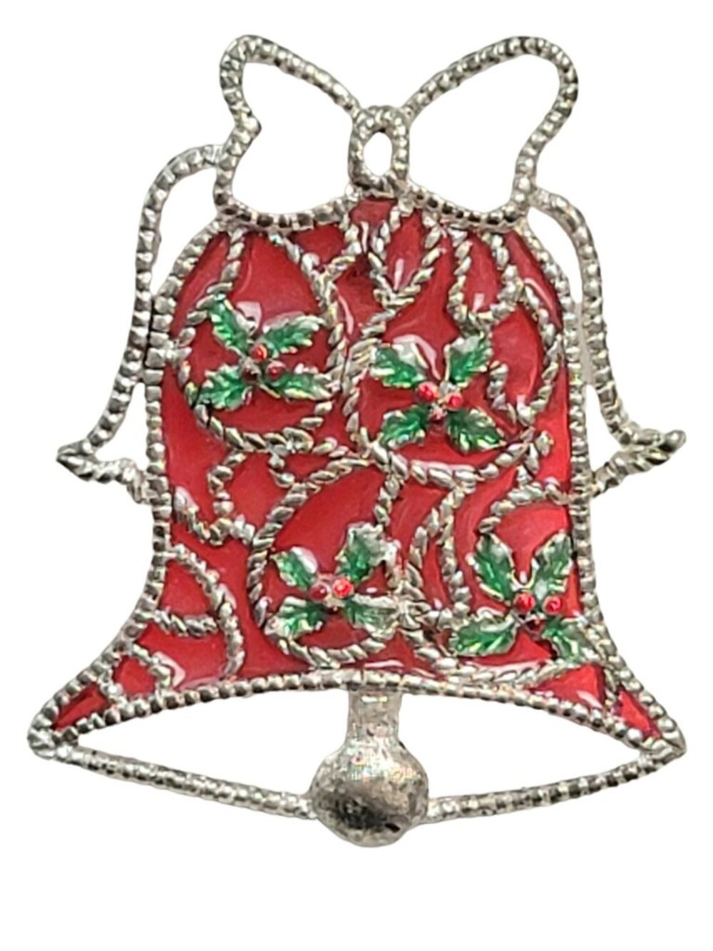 Danecraft Silvertone Red Plique A Jour Style Christmas Bell Pin Brooch, Signed